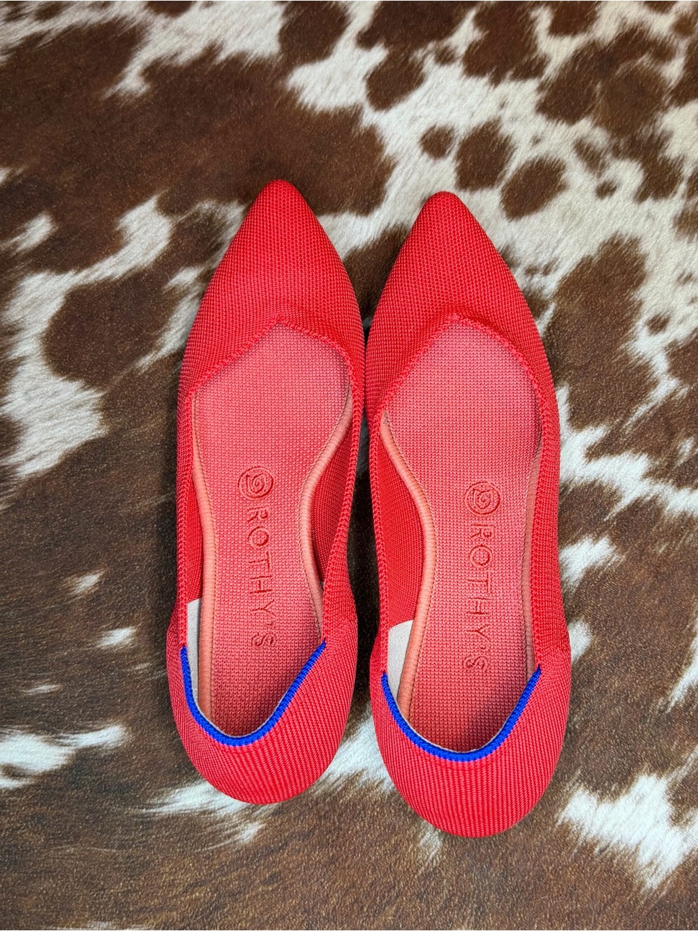 Rothy's Red Pointed Knit Flats with Blue Trim